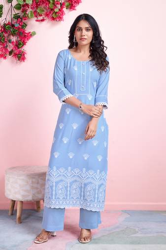  blue rayon paisley chikankari straight kurta with palazzo