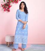  blue rayon paisley chikankari straight kurta with palazzo