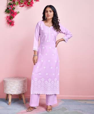  lavender rayon floral chikankari straight kurta with palazzo 1