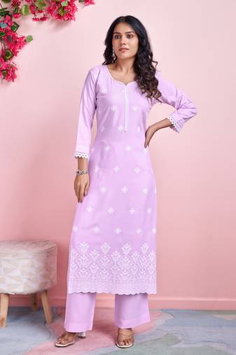  lavender rayon floral chikankari straight kurta with palazzo