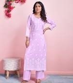  lavender rayon floral chikankari straight kurta with palazzo