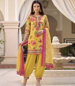 Mojilaa women's yellow muslin silk floral mirror work straight kurta with afghani salwar & dupatta