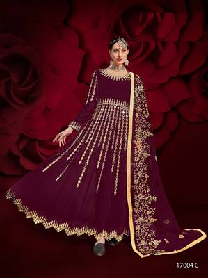  embroidered long Indian wine anarkali salwar suit in georgette for wedding party wear 1