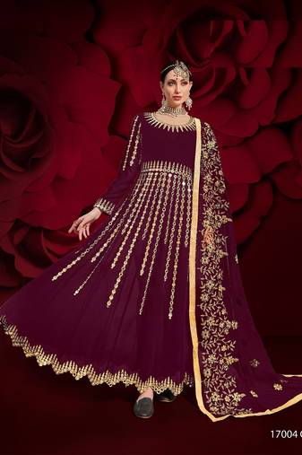  embroidered long Indian wine anarkali salwar suit in georgette for wedding party wear