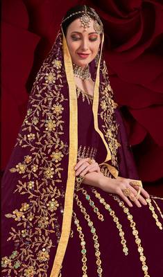  embroidered long Indian wine anarkali salwar suit in georgette for wedding party wear 2