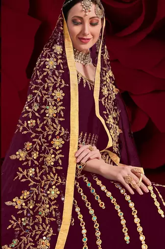  embroidered long Indian wine anarkali salwar suit in georgette for wedding party wear