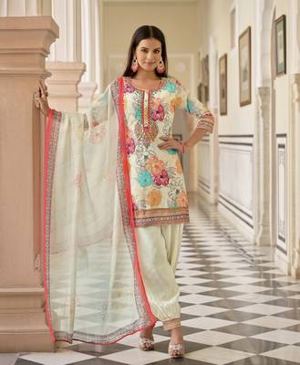 Mojilaa women's white muslin silk floral mirror work straight kurta with afghani salwar & dupatta 1