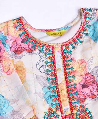 Mojilaa women's white muslin silk floral mirror work straight kurta with afghani salwar & dupatta 2