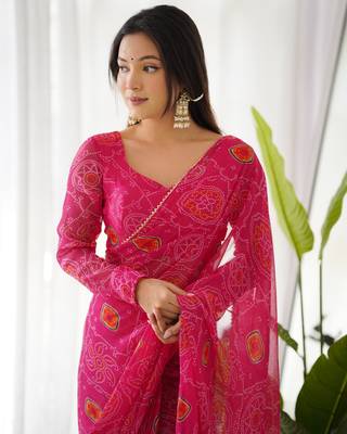jeswa hot pink chiffon bandhej pre stitched saree 1