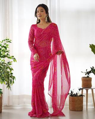jeswa hot pink chiffon bandhej pre stitched saree 3