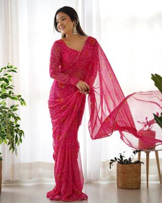 jeswa hot pink chiffon bandhej pre stitched saree 4
