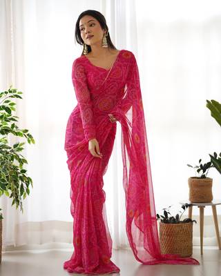 jeswa hot pink chiffon bandhej pre stitched saree 5