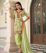  light green muslin silk floral mirror work straight kurta with afghani salwar & dupatta