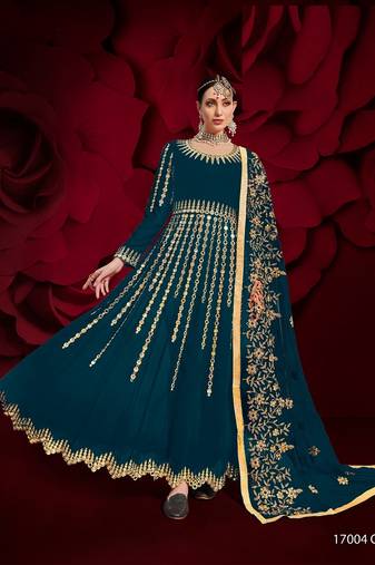  embroidered long Indian blue anarkali salwar suit in georgette for wedding party wear