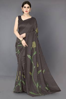 Coffee brown vichitra silk blend floral print ready wear saree with unstitched blouse piece 1