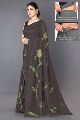 Coffee brown vichitra silk blend floral print ready wear saree with unstitched blouse piece 2