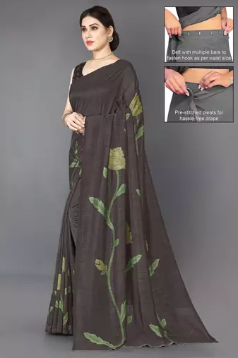 Coffee brown vichitra silk blend floral print ready wear saree with unstitched blouse piece