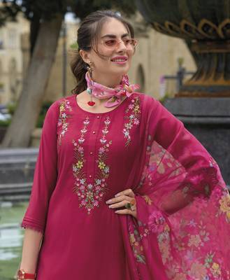  pink viscose silk floral embroidered straight kurta with afghani salwar & dupatta 1