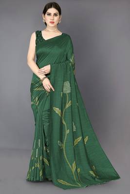 dark green vichitra silk blend floral print pre draped saree piece 1