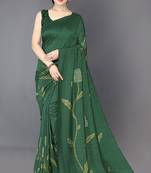 Dark Green Vichitra Silk Blend Floral Print Ready To Wear Saree With Unstitched Blouse Piece