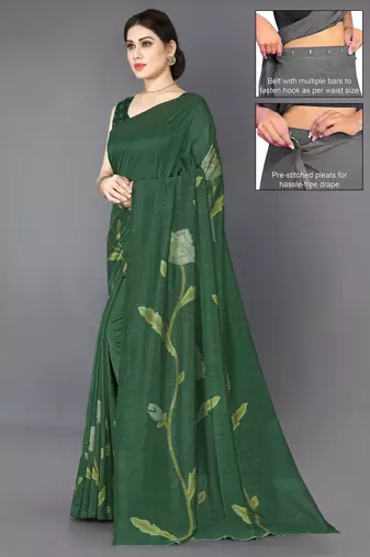 dark green vichitra silk blend floral print pre draped saree piece