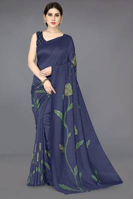 Navy blue vichitra silk blend floral print ready to wear saree with unstitched blouse piece 1