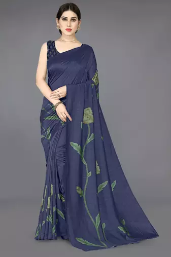 Navy blue vichitra silk blend floral print ready to wear saree with unstitched blouse piece