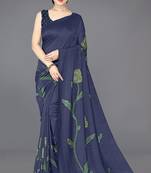 Navy blue vichitra silk blend floral print ready to wear saree with unstitched blouse piece