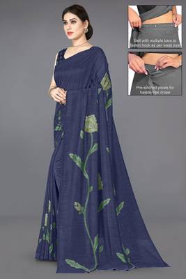Navy blue vichitra silk blend floral print ready to wear saree with unstitched blouse piece 2