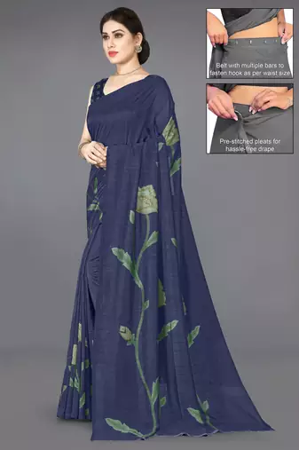 Navy blue vichitra silk blend floral print ready to wear saree with unstitched blouse piece