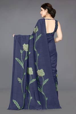 Navy blue vichitra silk blend floral print ready to wear saree with unstitched blouse piece 3