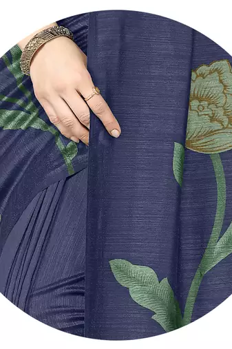 Navy blue vichitra silk blend floral print ready to wear saree with unstitched blouse piece