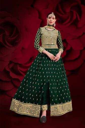  embroidered long Indian green anarkali salwar suit in georgette for wedding party wear