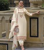  cream viscose silk floral embroidered straight kurta with afghani salwar & dupatta