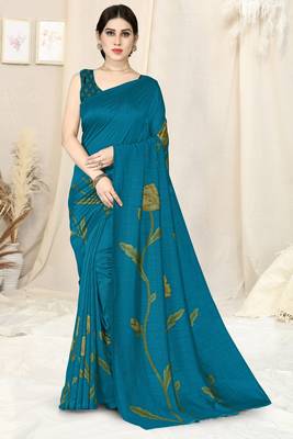 rama blue vichitra silk blend floral print ready made saree piece 1