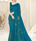 Rama blue vichitra silk blend floral print ready to wear saree with unstitched blouse piece