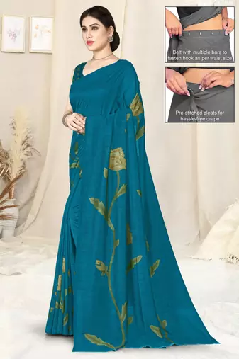 rama blue vichitra silk blend floral print ready made saree piece