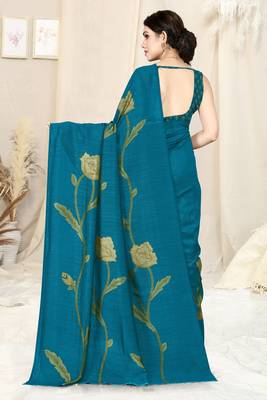 rama blue vichitra silk blend floral print ready made saree piece 3