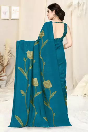 rama blue vichitra silk blend floral print ready made saree piece