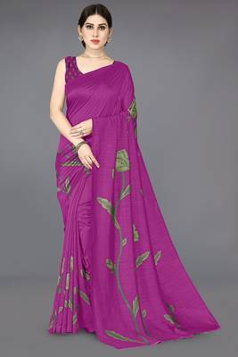 pre-stitched purple silk blend floral printed saree 1