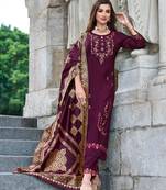  wine viscose silk floral embroidered straight kurta with pant & jacquard dupatta