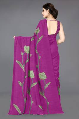 pre-stitched purple silk blend floral printed saree 2