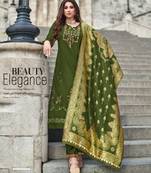  green viscose silk floral embroidered straight kurta with pant & jacquard dupatta