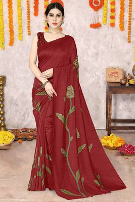 Maroon vichitra silk blend floral print ready to wear saree with unstitched blouse piece 1