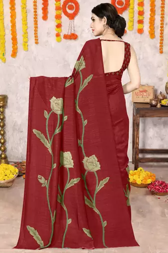 Maroon vichitra silk blend floral print ready to wear saree with unstitched blouse piece