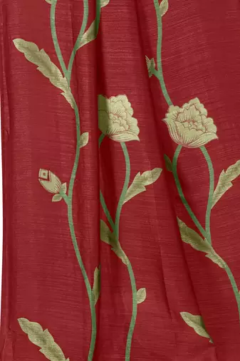 Maroon vichitra silk blend floral print ready to wear saree with unstitched blouse piece