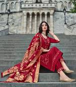  red viscose silk floral embroidered straight kurta with pant & jacquard dupatta