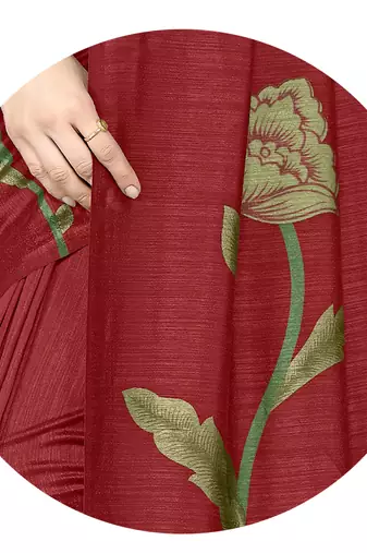 Maroon vichitra silk blend floral print ready to wear saree with unstitched blouse piece