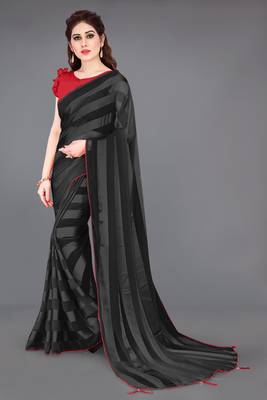 ready to wear black georgette satin stripes plain saree piece 2