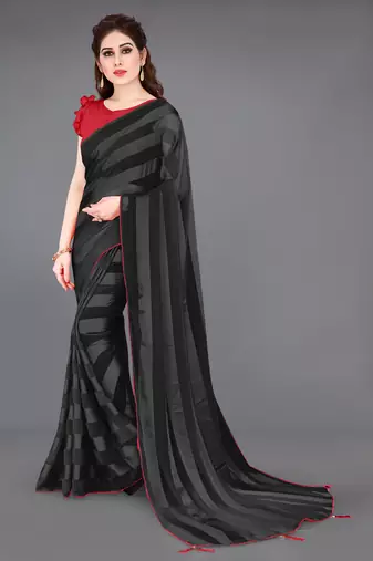 ready to wear black georgette satin stripes plain saree piece